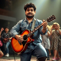 Priyankara Dilantha: playing guitar in musical show, kids dancing around him