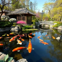 a beautiful koi carp pond in spring time.