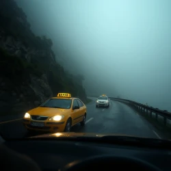 a taxi drives a foggy mountain road in the night. 