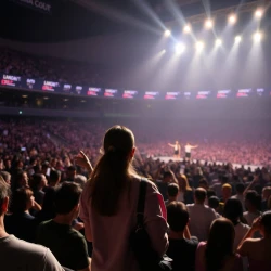 A girl watching stage show surrounded by thousands, the lights dim, and Blackpink steps on stage.