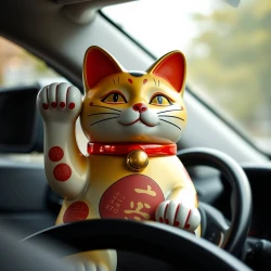 Maneki neko Lucky cat in front of the driving seat of a moving car