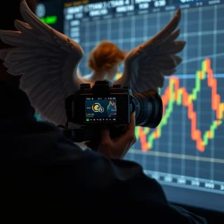 Camera angel from the back of a crypto trader who is analysing chart.