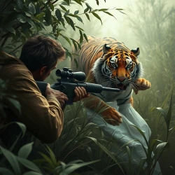 a sniper hiding in the bushes, tiger chasing a woman