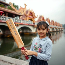 a girl holding a cricket bat in front of DaNang dragon bridge