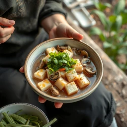 A vietnamese women fried tofu and steam with mushroom