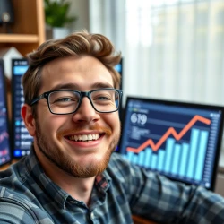 A digital marketer sucessfully drive web traffic to his website and it showing in computer with graphs. He has a happy face and his revenue growing up