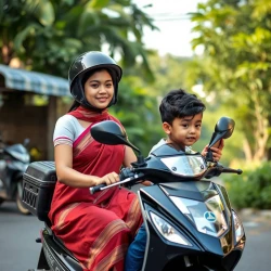 A Myanmar girl ride scooter while her boy friend do crypto trading on phone behind her