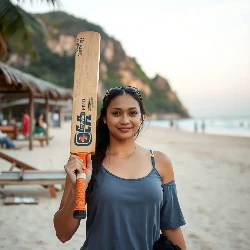 A beautiful girl on Danang beach with a cricket bat