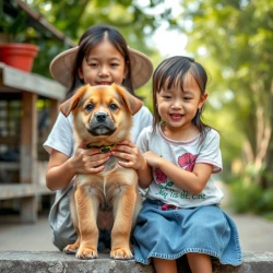 A cute puppy stand with a Vietnamese girl