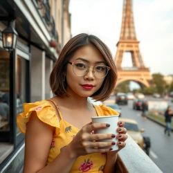 Nini Lee: drinking a coffee in Paris in front of Eiffel tower