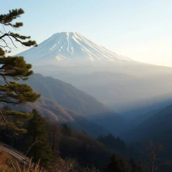 A beautiful mountain with snow on top. View from a beautiful valley in Japan