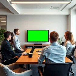 office room, six employees, looking at big tv with green screen. coffee on table with laptops.