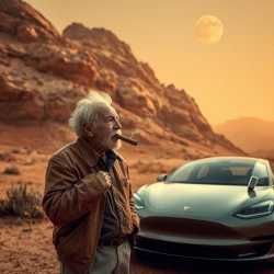 an old man smoking a cigar in Mars, Tesla car parked near him