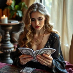 beautiful Astrologer woman read tarot cards