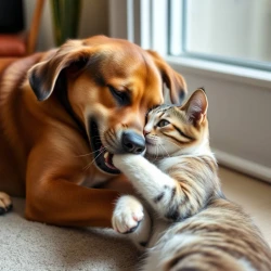 Dog plays with cat