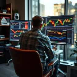 View from the back of a crypto trader sitting on a chair and analysing charts