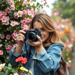 A cute camera woman take photos of flowers