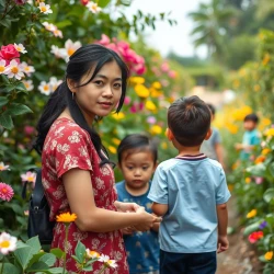 A flower garden with a young Vietnamese mother who looks after kids. Camera behind her and kids play faraway.