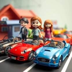 3D dolls and 3D cars in a 3D background